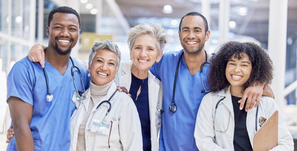 group of five multi-cultural medical professionals
