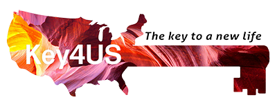 Key4US Logo. Multi-colored United States outline with key. Text reads: Key 4 Us. The Key to a new life.
