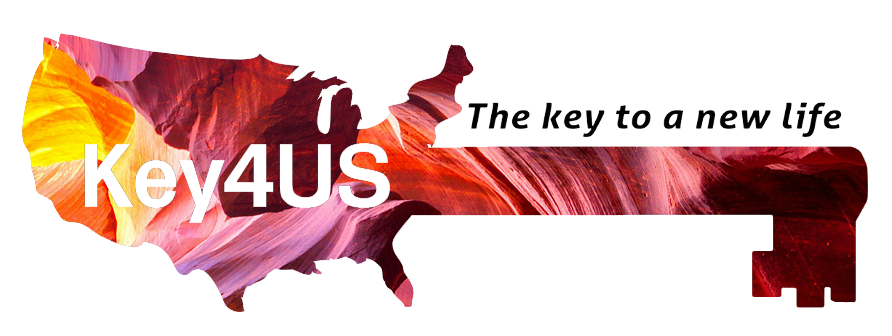 Key4US Logo. Multi-colored United States outline with key. Text reads: Key 4 Us. The Key to a new life.